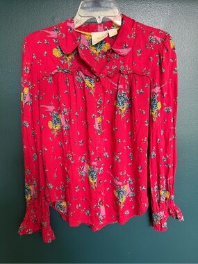 Maeve Red Floral and Birds Button-Front Blouse